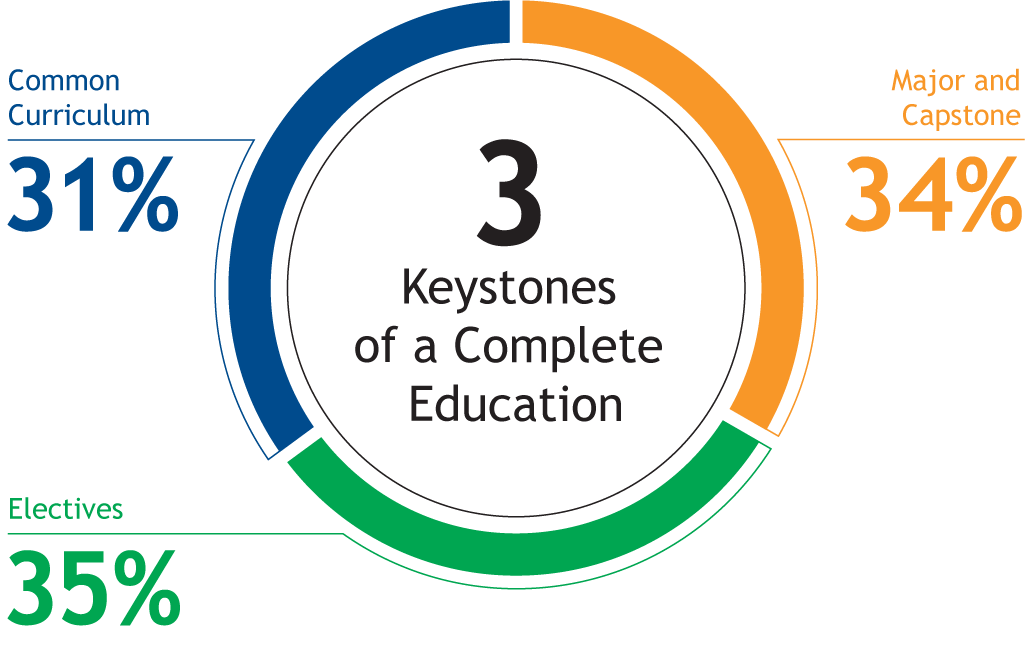 A pie chart that comprises 31% common curriculum, 34% major and capstone, 35% electives