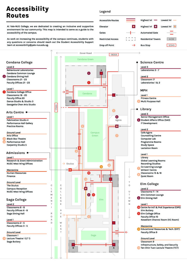 A map showing the accessibility routes at Yale-NUS College campus